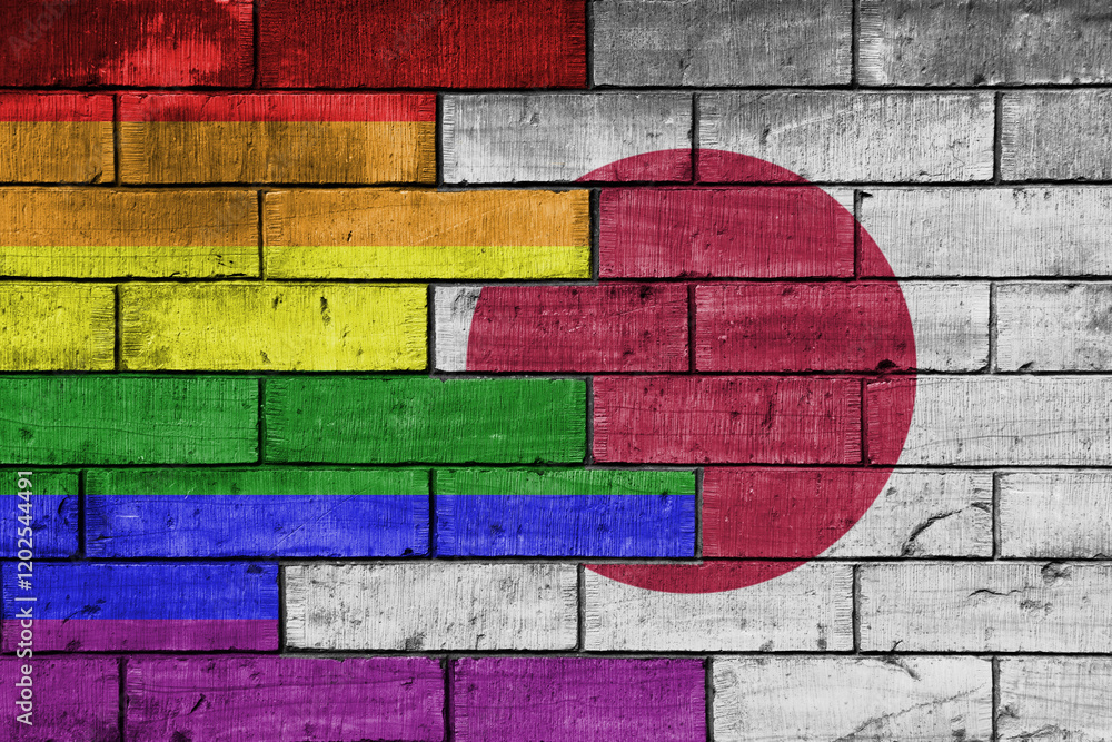 colourful painted big flag of japan and rainbow gay pride flag on a ...