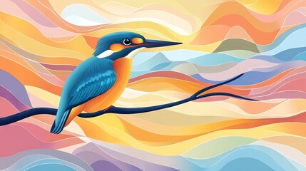 Wall Mural - a bird perched on tree limb amidst vibrant background with wavy waves