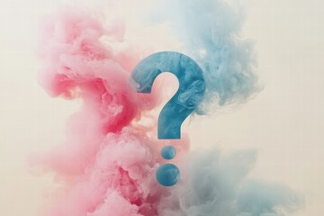 Poster - Clouds of pink and blue smoke merging into a captivating question mark shape in the air. Generative AI
