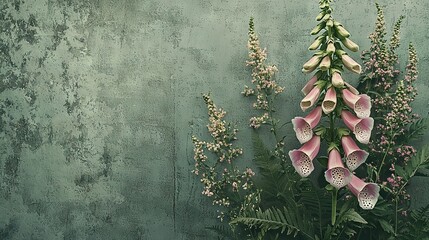 Wall Mural -   Pink and white blooms adorn a lush green planter beside a dilapidated wall