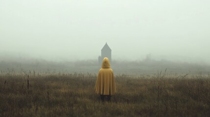 Wall Mural - solitary figure in yellow cloak facing a distant structure in a foggy field.