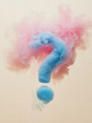 Poster - Colorful clouds of pink and blue smoke form a vibrant question mark indoors during a creative art event. Generative AI
