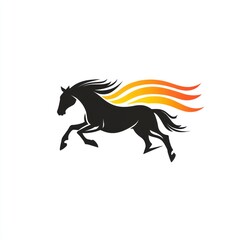 Wall Mural - Black horse running, fiery mane, white background, speed, logo design