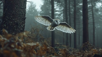 Wall Mural - an owl soars through the foggy forest's dense foliage, perched high atop a tree