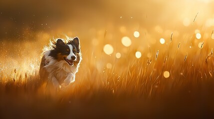 Wall Mural -   A dog runs through tall grass with sunlight on its back and head held high