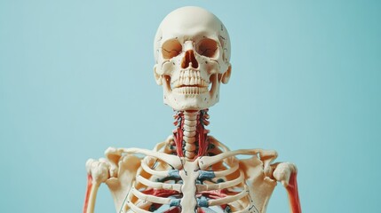 Aufkleber - Detailed human skeleton model displayed against a light blue backdrop in educational setting showcasing anatomical features. Generative AI