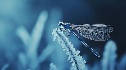 Poster -   Close-up of a dragonfly on a plant, surrounded by ice crystals on its wings and legs