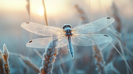 Wall Mural -   A photo of a dragonfly perched atop a plant against a bright sky, with a hazy background