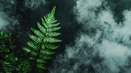 Wall Mural -   A close-up of a fern leaf on a black background, with clouds of smoke in the foreground and a green plant in the foreground