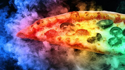 Wall Mural -   A pizza sits atop a green-colored table surrounded by red, yellow, and blue smoke