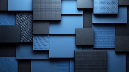 Wall Mural - Abstract minimalist wallpaper with random shapes and polygons on blue background. Featuring white space in the center for text, ideal for design templates and modern banners.