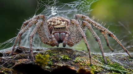 Wall Mural -   A close-up image of a spider perched on a rock with its web extending from its body in the center
