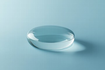 Aufkleber - Clear glass disc resting on a soft blue surface reflecting a gentle light in a minimalist setting. Generative AI