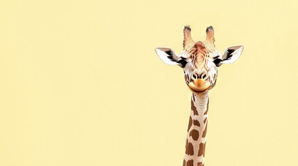 Poster -   A giraffe's head close-up on a light yellow background, turned to the side