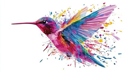 Wall Mural - a vibrant hummingbird soaring in the air with splattered paint on its feathers and wings