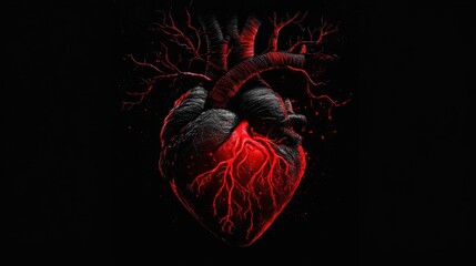 Fototapete - Unique artistic representation of a heart with vivid red veins against a black background. Generative AI