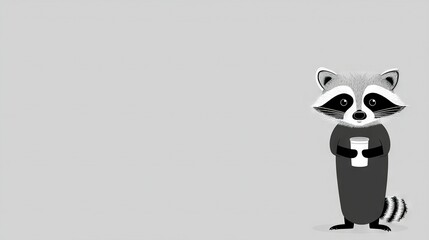 Poster -   Raccoon with cup of coffee on gray background with white border