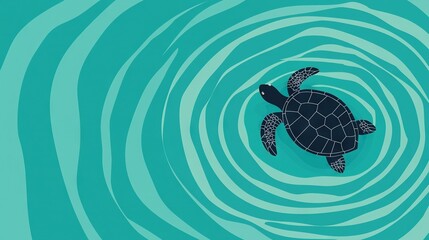 Poster -  A photo of a turtle swimming in a pool of water with waves on the surface, set against a lush green backdrop