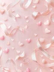 Poster - Decorative hearts and ribbons scattered on a soft pink background for celebrations and romantic events. Generative AI