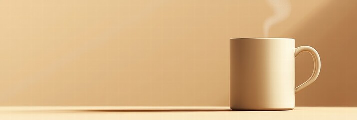 Poster - Warm steaming coffee cup placed on a smooth surface in a minimalistic setting during morning light. Generative AI