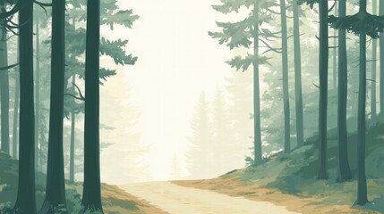 Poster - Winding forest trail meanders through tall trees in a serene woodland setting during the early morning light. Generative AI