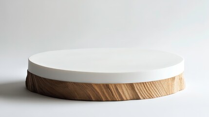 Poster - Minimalist round wooden and white platform on white background.