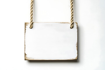 Poster - White wooden sign hanging from a rope isolated on a white background