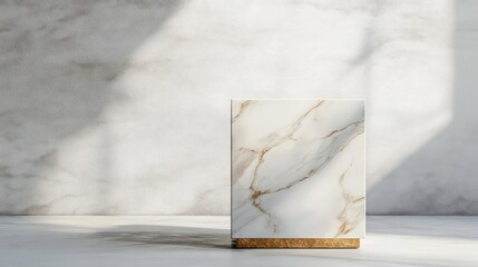 Poster - Elegant marble display stand with wood base, illuminated by sunlight against a textured wall.
