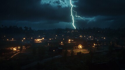 Nighttime thunderstorm over a small town with houses lit by street lamps