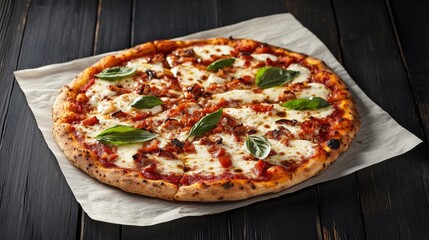 Poster - Fresh margherita pizza on rustic wooden table