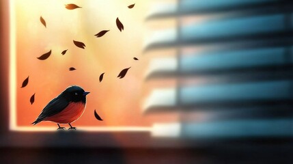 Wall Mural - a bird perched on a ledge in front of a window, surrounded by a group of flying birds