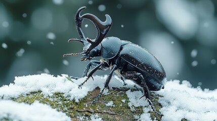 Poster -   A close-up photo of a beetle perched on a rock amidst the snow, adorned with antlers on its rear legs