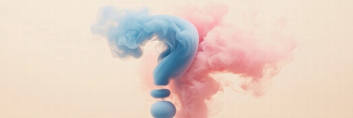 Poster - Clouds of pink and blue smoke create a question mark shape against a light background in an artistic display of color and mystery. Generative AI