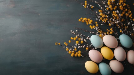 Wall Mural - Enjoy spring with vibrant Easter eggs and mimosa flowers on wood