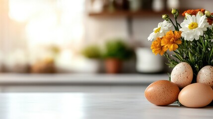 Wall Mural - Colorful spring flowers and easter eggs brighten up the kitchen table