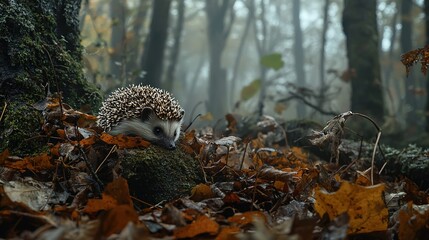 Sticker -   A hedgehog perched atop a moss-laden boulder amidst an autumnal woodland landscape, surrounded by fallen foliage