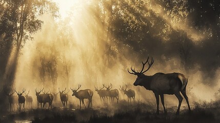Wall Mural - a group of deer standing together in a forest with tall grass and trees in the background