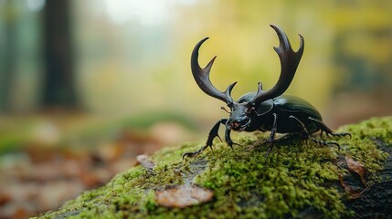 Wall Mural - a close-up of a beetle on a mossy surface with antlers on its back legs