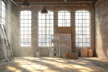 Wall Mural - Spacious loft with exposed brick, soft sunlight, and renovation supplies for a creative vibe