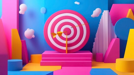 Poster - Gold dart hitting center of pink target on colorful geometric background.