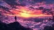 © Adobe - A lone traveler stands on a mountain peak, gazing at a breathtaking sunset over a sea of clouds. The vibrant colors of the sky paint a dramatic scene, evoking a sense of awe and wonder.