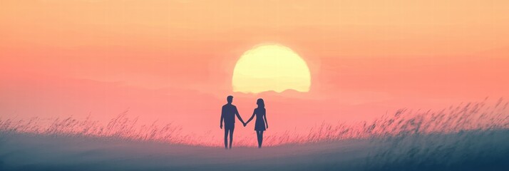 Poster - Silhouettes of two people holding hands against a vibrant sunset in a serene outdoor setting. Generative AI