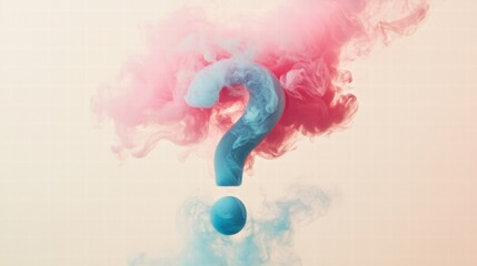 Poster - Clouds of pink and blue smoke blend into a question mark shape at an artistic event in a creative studio setting. Generative AI