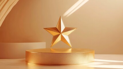 Poster - Golden star on a gold pedestal against a beige background.
