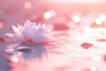 Aufkleber - Floating lotus blossom in tranquil waters during sunset with soft pink hues and shimmering reflections. Generative AI