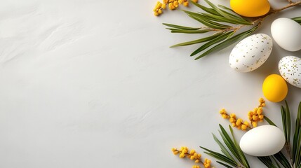 Wall Mural - Easter celebration with mimosa branches and colorful eggs on concrete