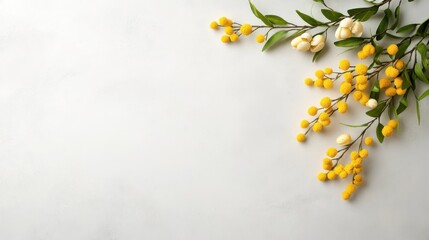 Wall Mural - Mimosa branch and colorful Easter eggs on soft gray background