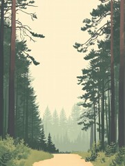 Aufkleber - Forest trail winding through tall trees towards a misty horizon on a peaceful day. Generative AI