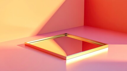 Poster - Golden square platform on pink background with warm lighting.