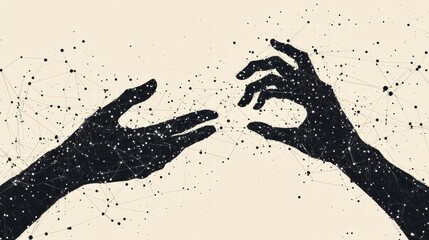 Aufkleber - Silhouettes of hands connecting through a network of lines and dots against a light background. Generative AI